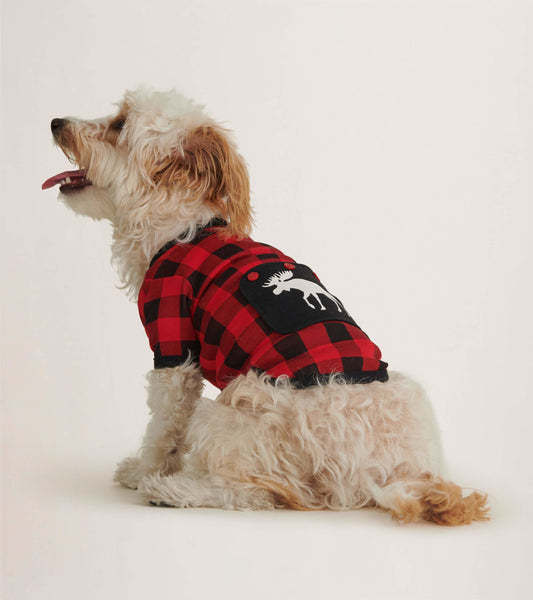 Red and black plaid dog tee featuring a moose design on the back, suitable for casual wear.