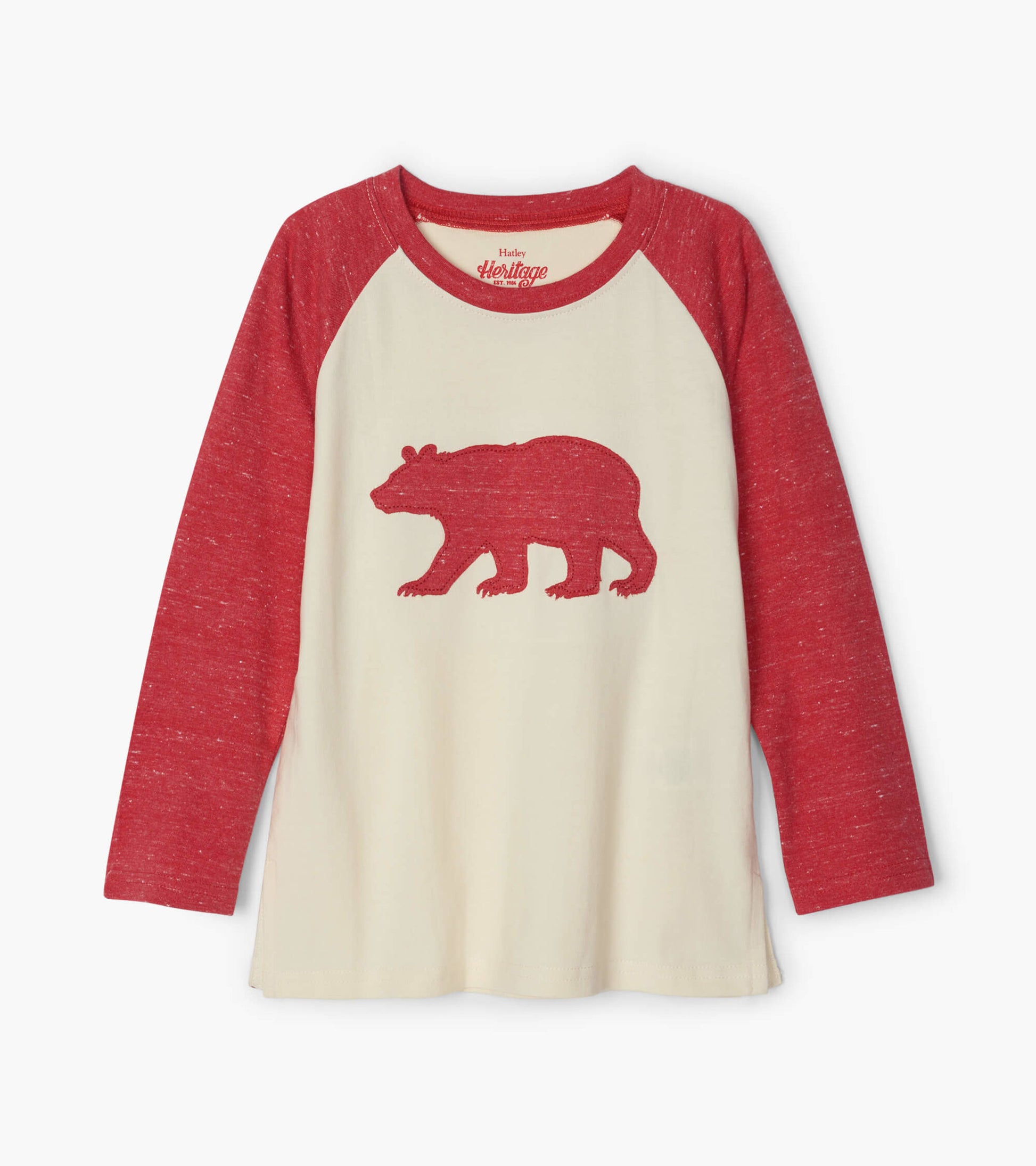 Red long sleeve raglan tee with a cream body and a bear graphic in the center.