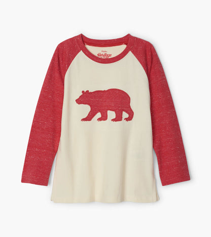 Red long sleeve raglan tee with a cream body and a bear graphic in the center.