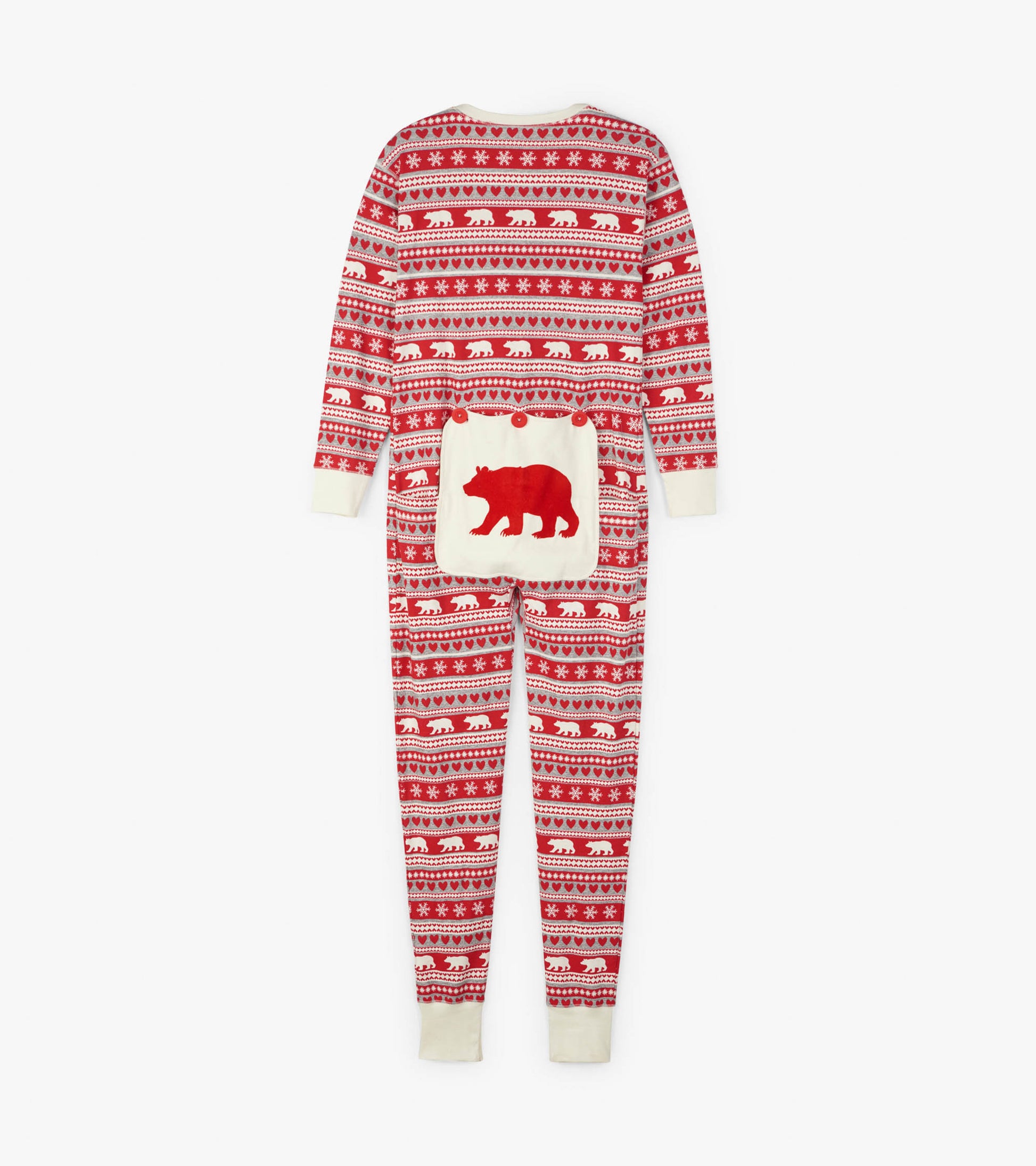 Red Fair Isle patterned adult onesie with long sleeves and a bear appliqué on the back pocket.