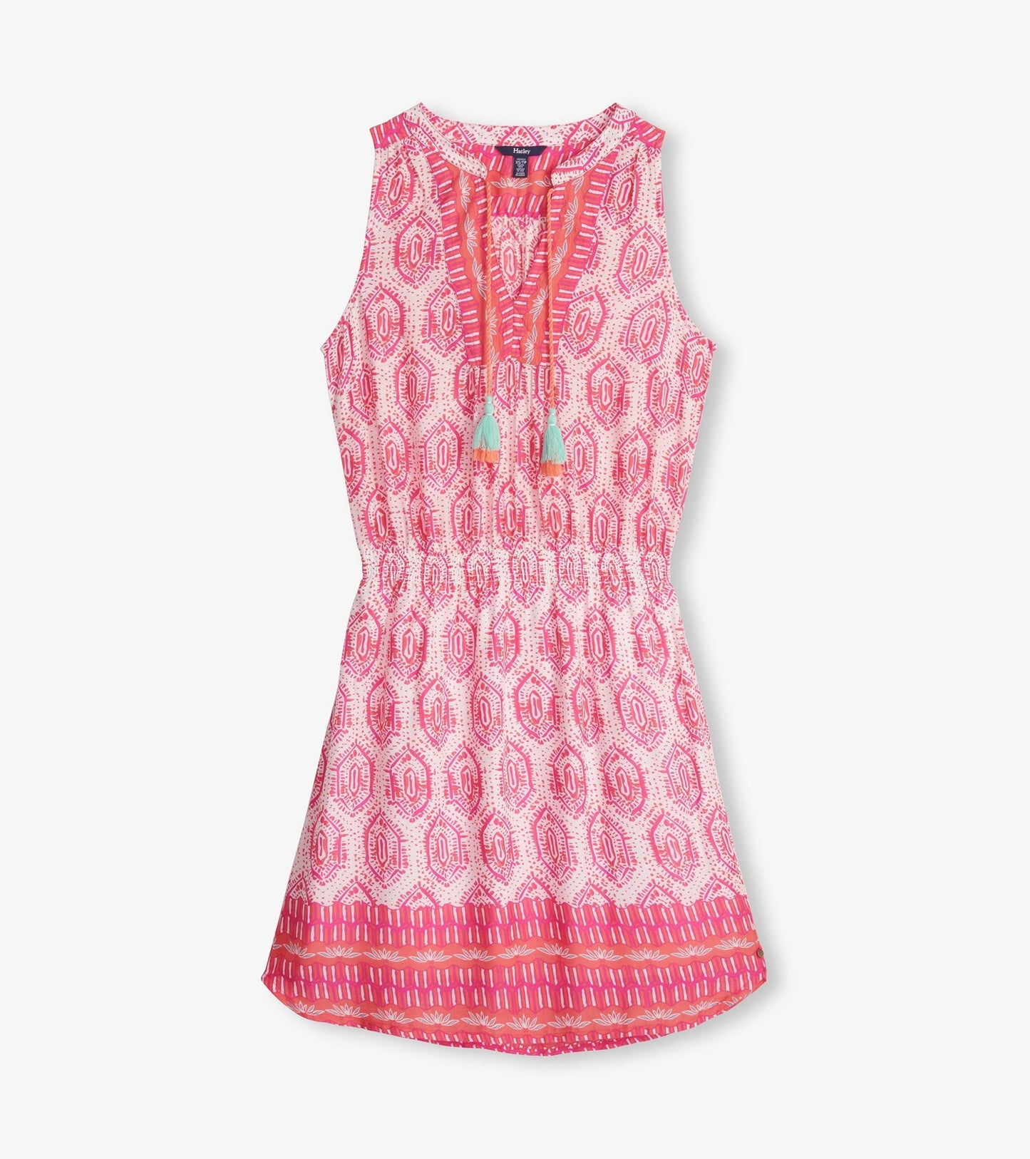 Sleeveless pink dress featuring a geo mosaic pattern and tassel details, cinched at the waist for a flattering fit.