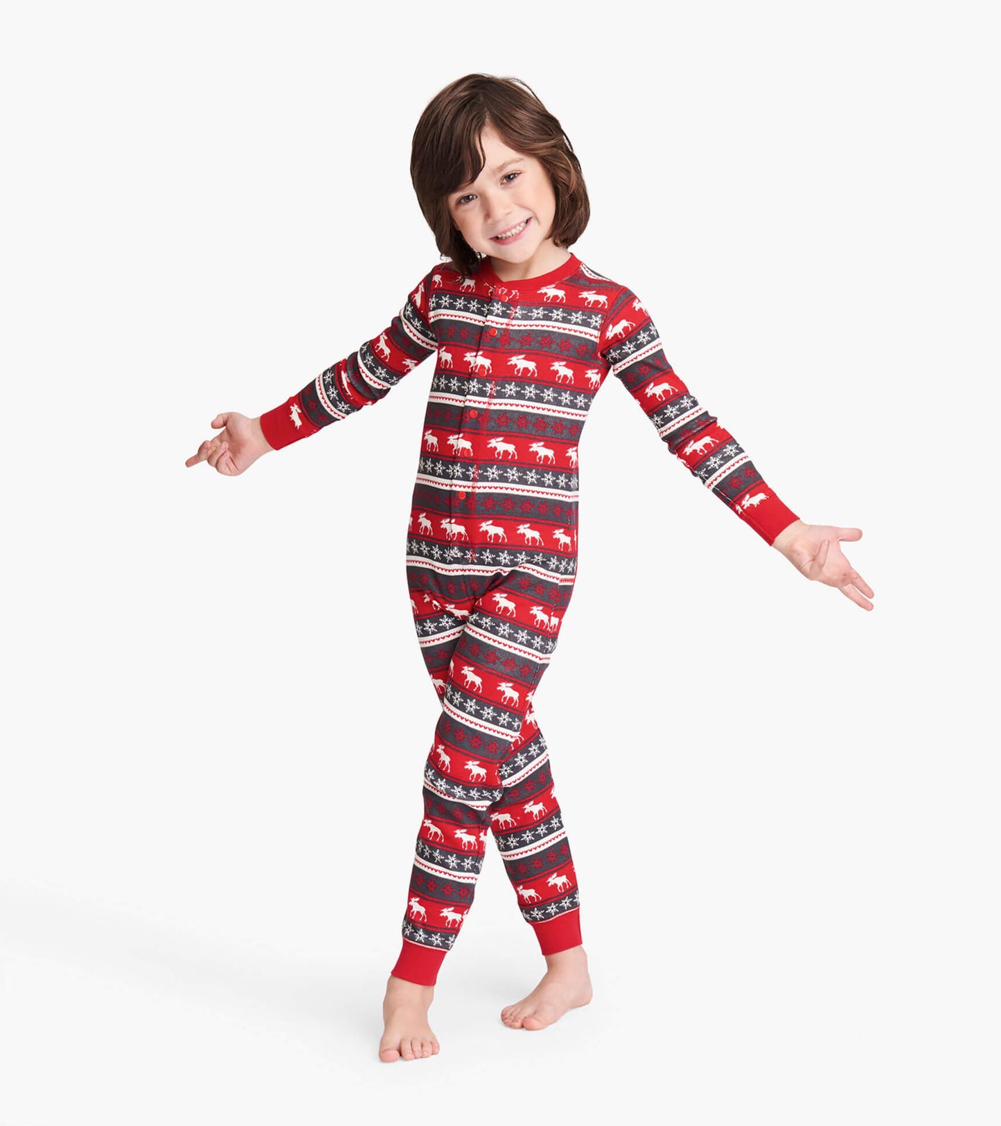 Red Fair Isle onesie featuring moose and snowflake patterns, designed for kids, with long sleeves and snug fit.