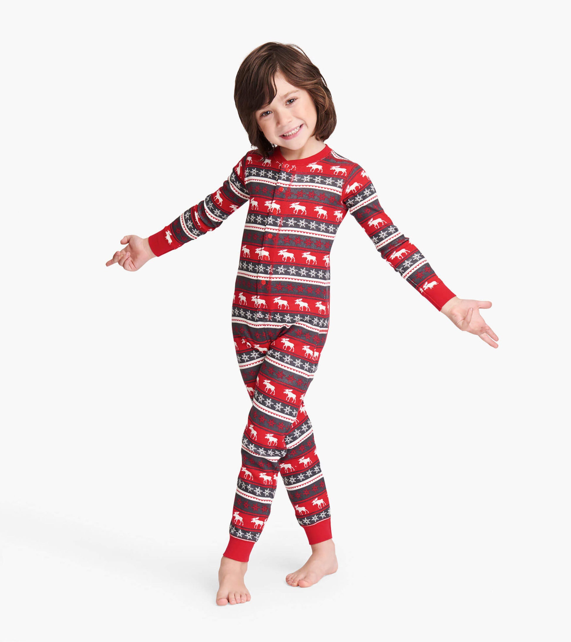 Red Fair Isle onesie featuring moose and snowflake patterns, designed for kids, with long sleeves and snug fit.
