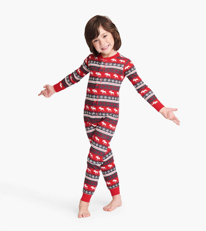 Red Fair Isle onesie featuring moose and snowflake patterns, designed for kids, with long sleeves and snug fit.