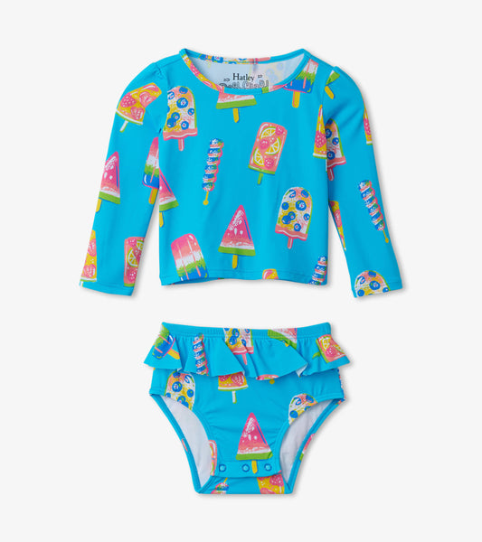 Blue long-sleeve rashguard and matching bikini set featuring colorful popsicle prints, ideal for baby swimwear.