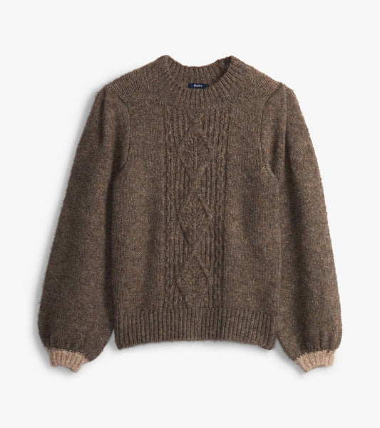 Brown knitted sweater featuring a cable pattern and ribbed cuffs and hem.