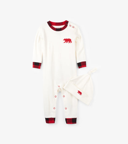 Dormeuse et bonnet – Ours à motifs tartan rouge et noir