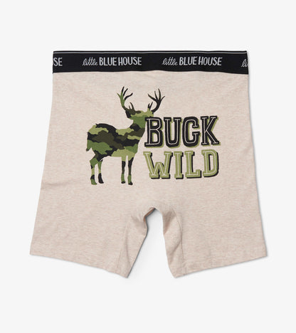 Beige boxer briefs featuring a camo deer graphic and "BUCK WILD" text, with a black elastic waistband.