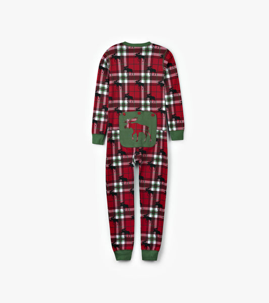 Red plaid kids' onesie featuring moose patterns and a green pocket with a moose design, suitable for holiday wear.