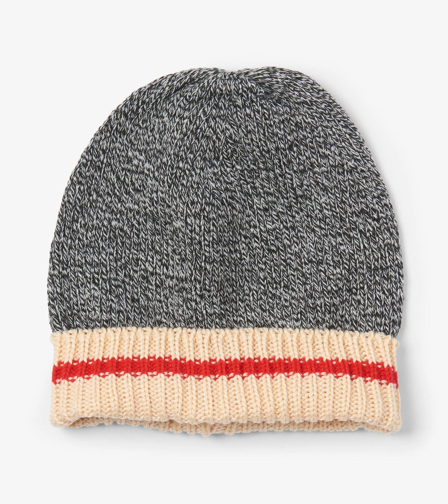 Knitted winter hat in gray with a cream cuff featuring a red stripe, designed for warmth and style.