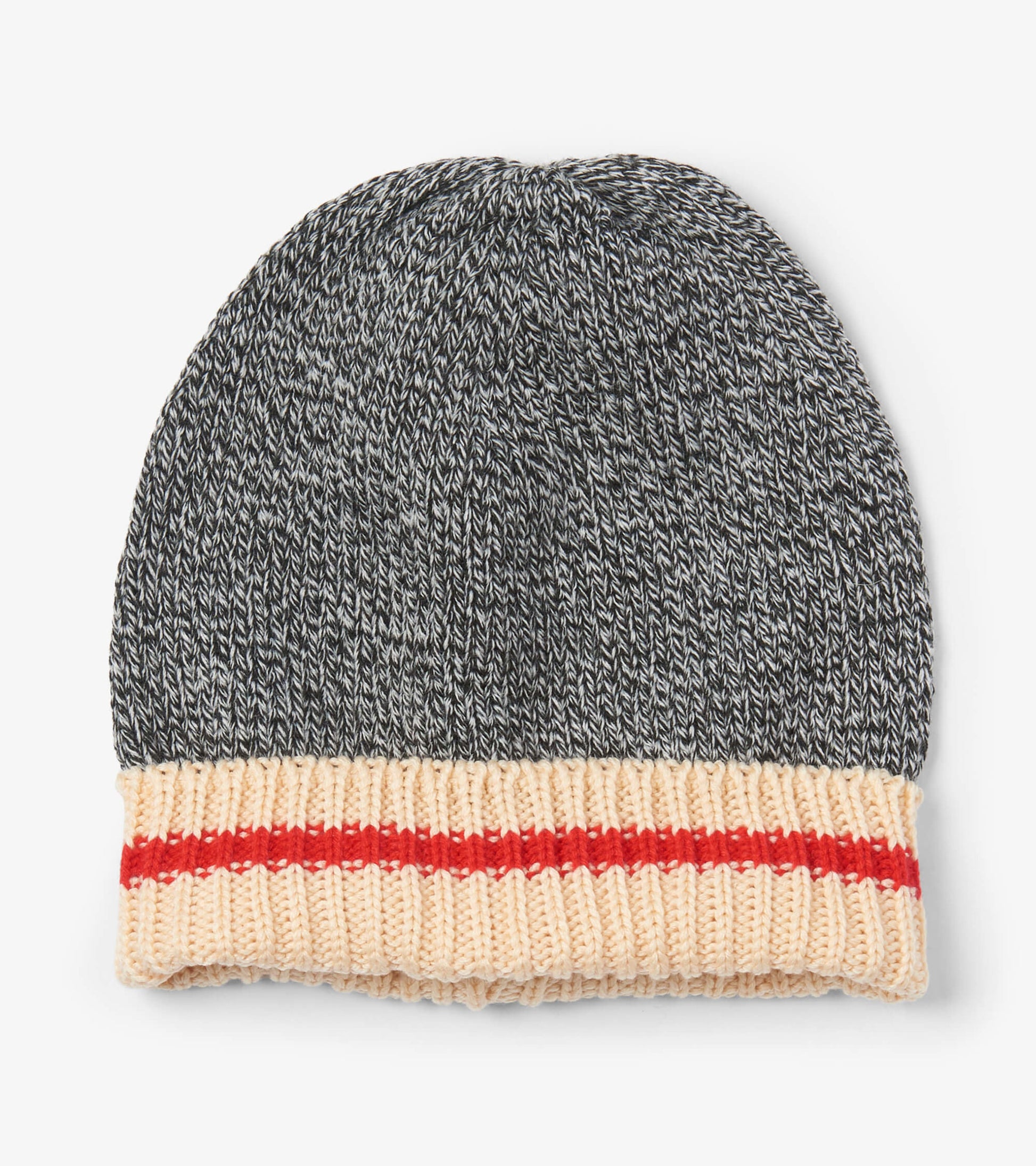 Knitted winter hat in gray with a cream cuff featuring a red stripe, designed for warmth and style.