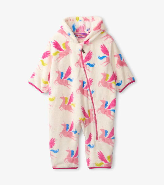 Pink and white fleece baby suit with unicorn print, short sleeves, and a hood. Zipper closure at the front.