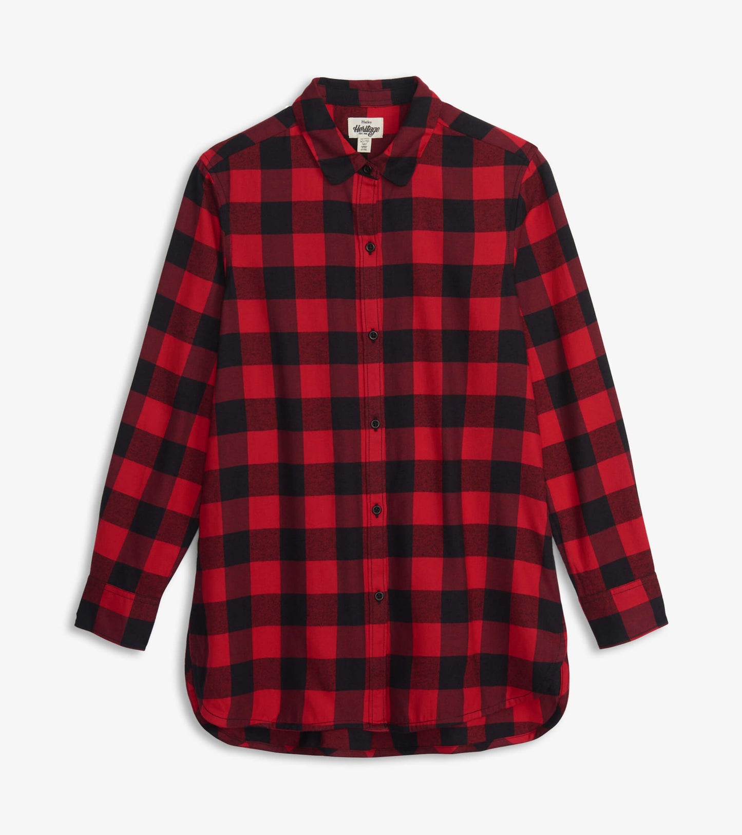 Red and black buffalo plaid flannel tunic with long sleeves and button-up front.