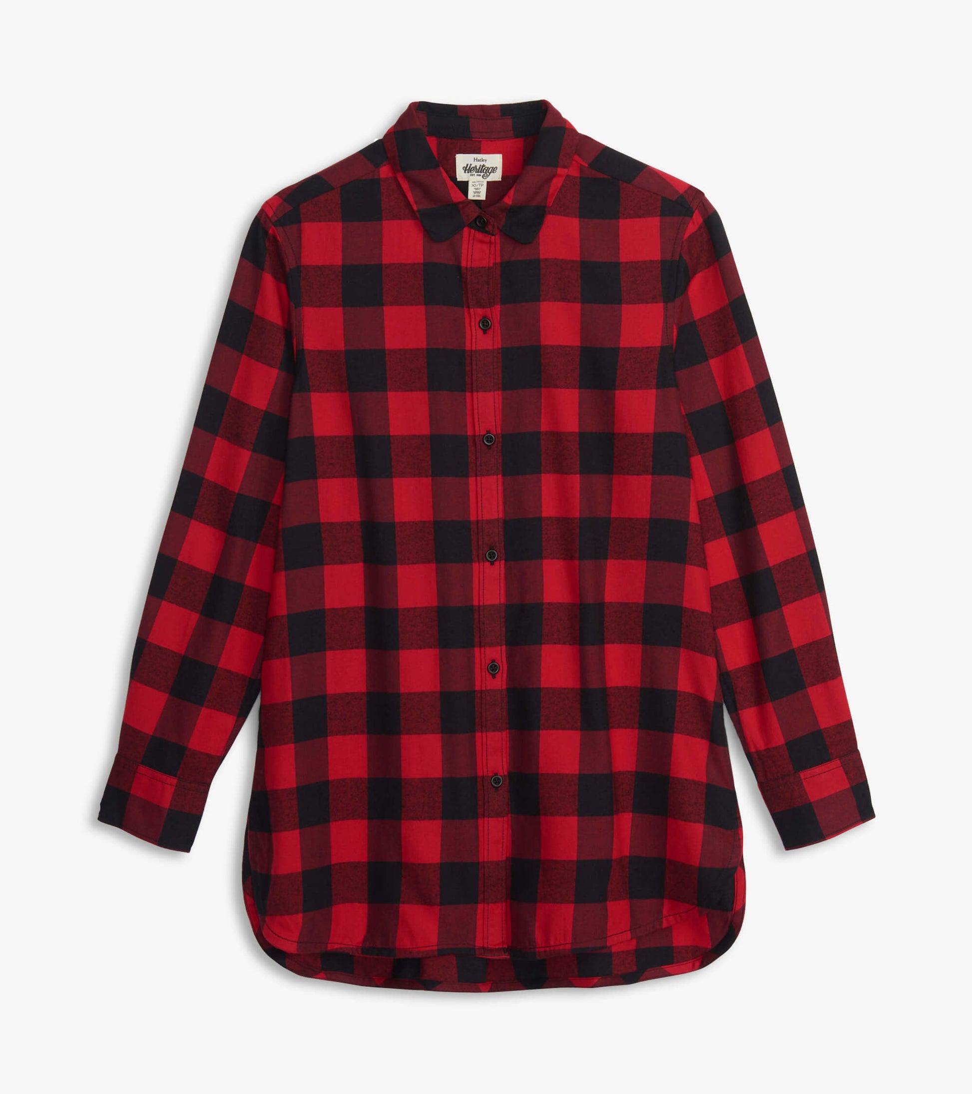 Red and black buffalo plaid flannel tunic with long sleeves and button-up front.