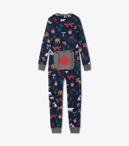 Navy onesie featuring colorful animal and nature patterns, with a gray pocket displaying a red maple leaf. Back view.
