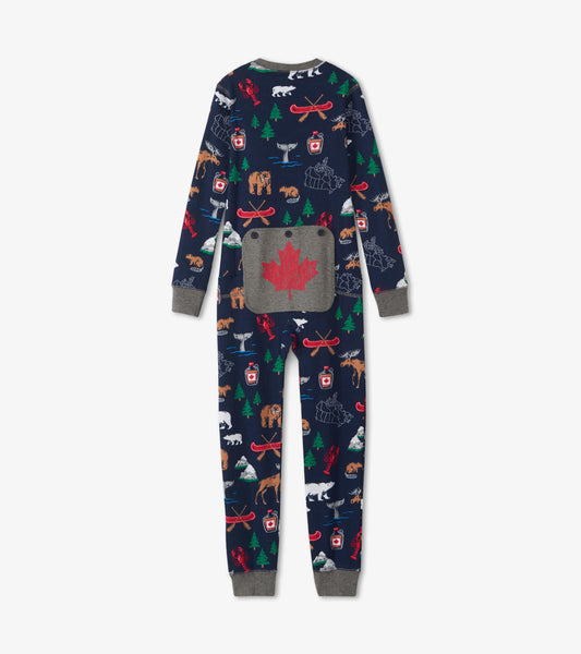 Navy onesie featuring colorful animal and nature patterns, with a gray pocket displaying a red maple leaf. Back view.