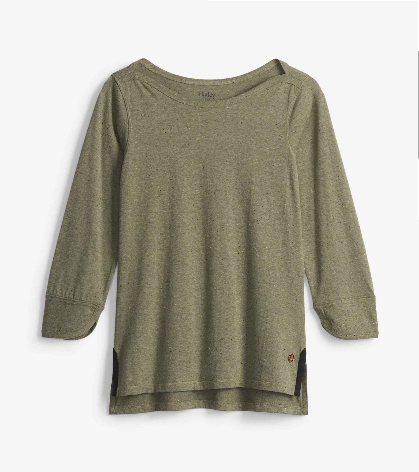 Loden green 3/4 sleeve Breton top with a relaxed fit and side slits, made from soft, textured fabric.