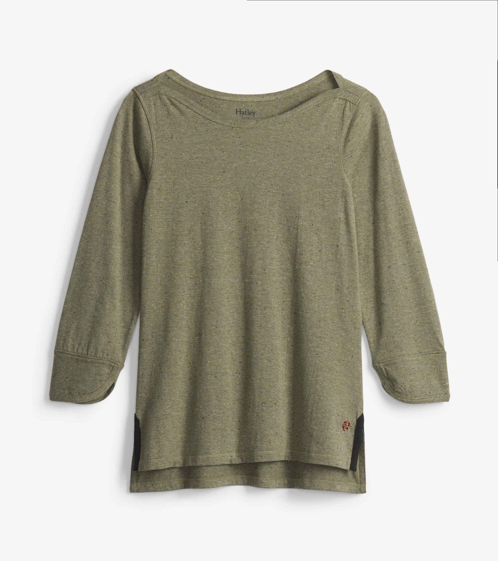 Loden green 3/4 sleeve Breton top with a relaxed fit and side slits, made from soft, textured fabric.