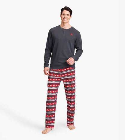 Men's stretch cotton pajama pants featuring a red and black Fair Isle moose pattern, perfect for lounging.