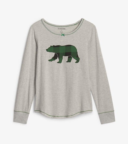 Haut en jersey extensible pour femme – Ours à motif tartan vert forêt