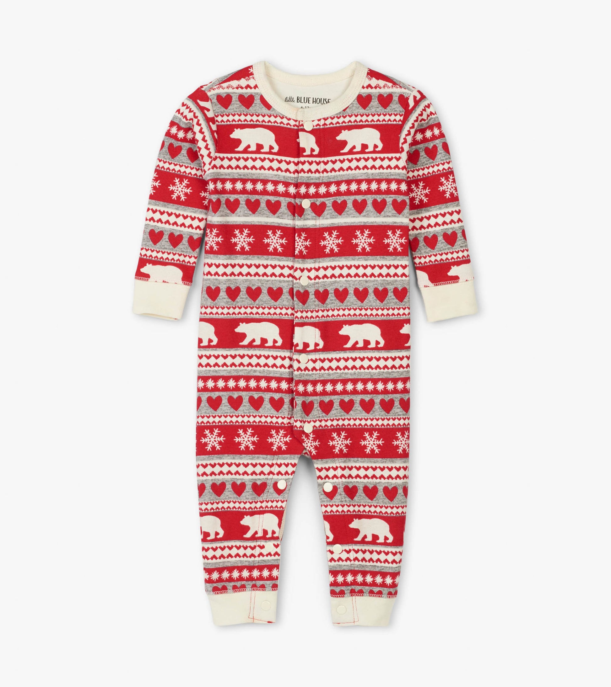 Red Fair Isle baby union suit featuring white bears, hearts, and snowflakes, with long sleeves and a cozy fit.