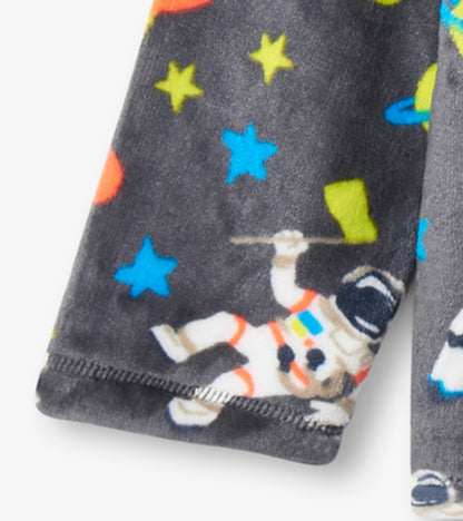 Gray fleece jacket featuring colorful astronaut and star patterns, perfect for kids.