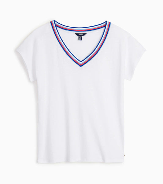 White V-neck tee with short sleeves and a colorful striped neckline.