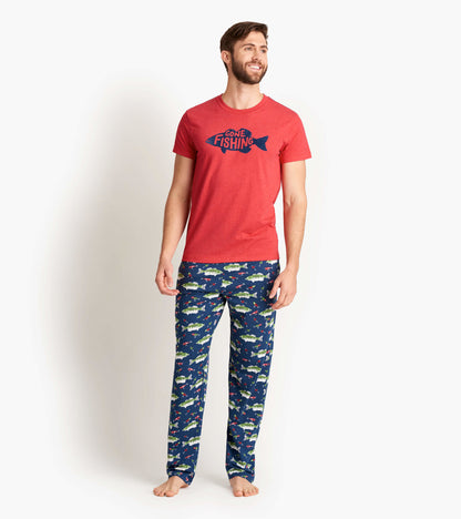 Red short-sleeve tee with "Gone Fishing" graphic, paired with navy pants featuring colorful fish and fishing motifs.