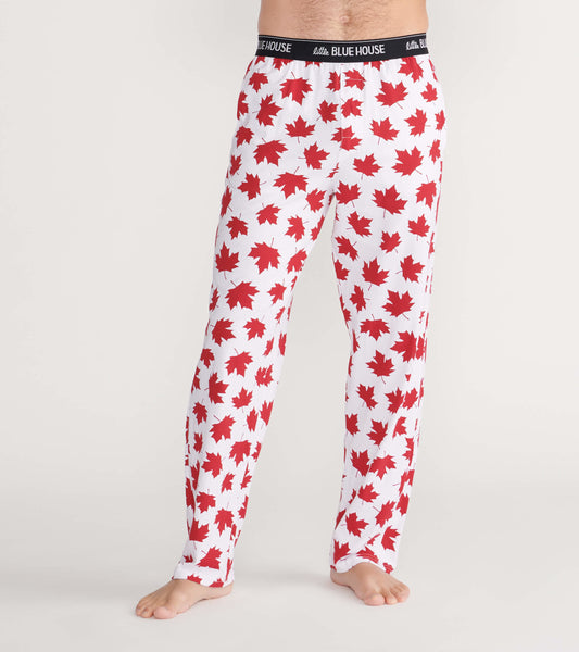 Men's pajama pants in white with red maple leaf pattern, featuring an elastic waistband for comfort.