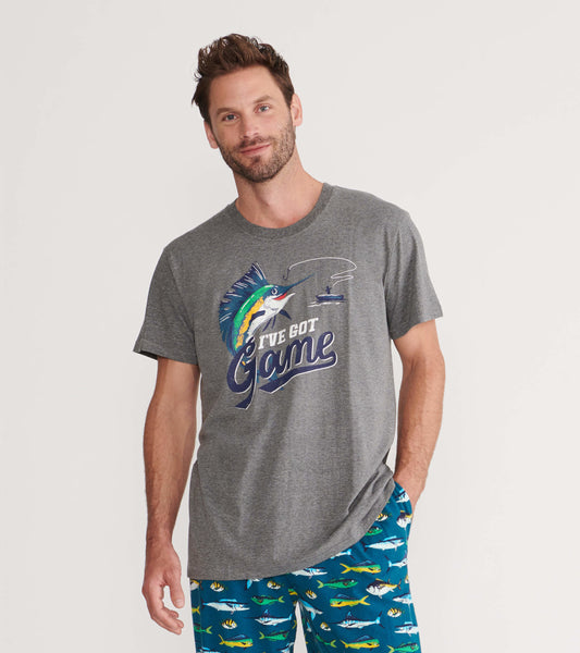 Gray short-sleeve tee featuring a colorful fish graphic and the text "I've Got Game." Ideal for casual wear.
