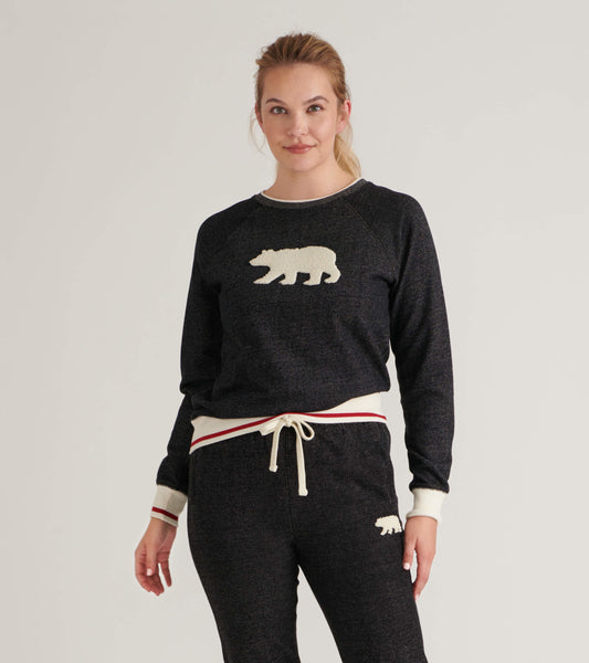 Charcoal pullover with a cream bear graphic, featuring a crew neck and contrasting ribbed cuffs and hem.