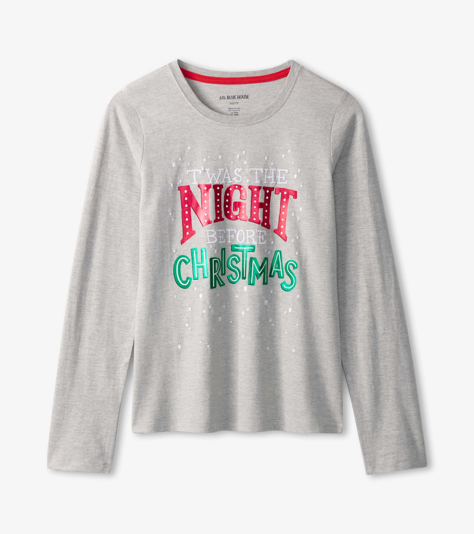Gray long sleeve t-shirt featuring colorful "Twas The Night Before Christmas" graphic and a round neckline.