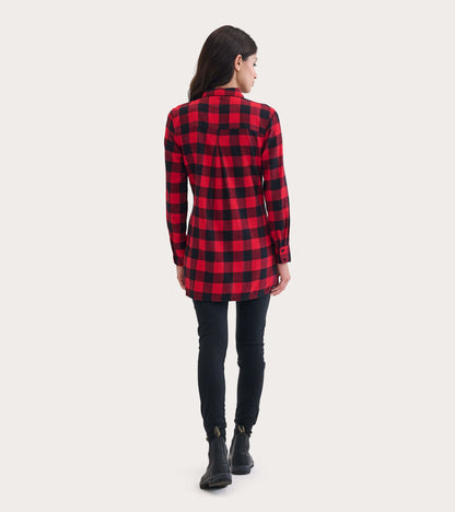 Red and black plaid flannel tunic with long sleeves and a relaxed fit, viewed from the back.