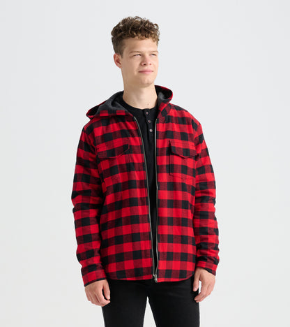 Red and black buffalo plaid flannel jacket with a hood, featuring two front pockets and a zip closure.