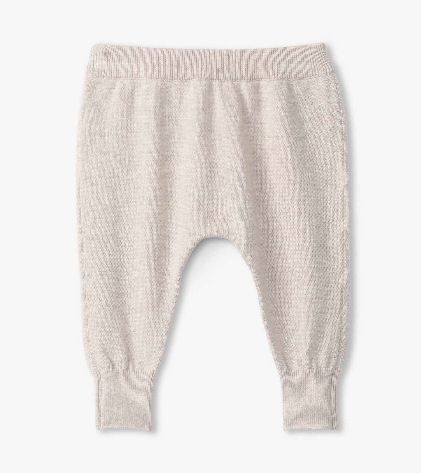 Light beige pull-on sweater pants for babies, featuring a soft knit material and ribbed cuffs. Suitable for ages 0-9 months.