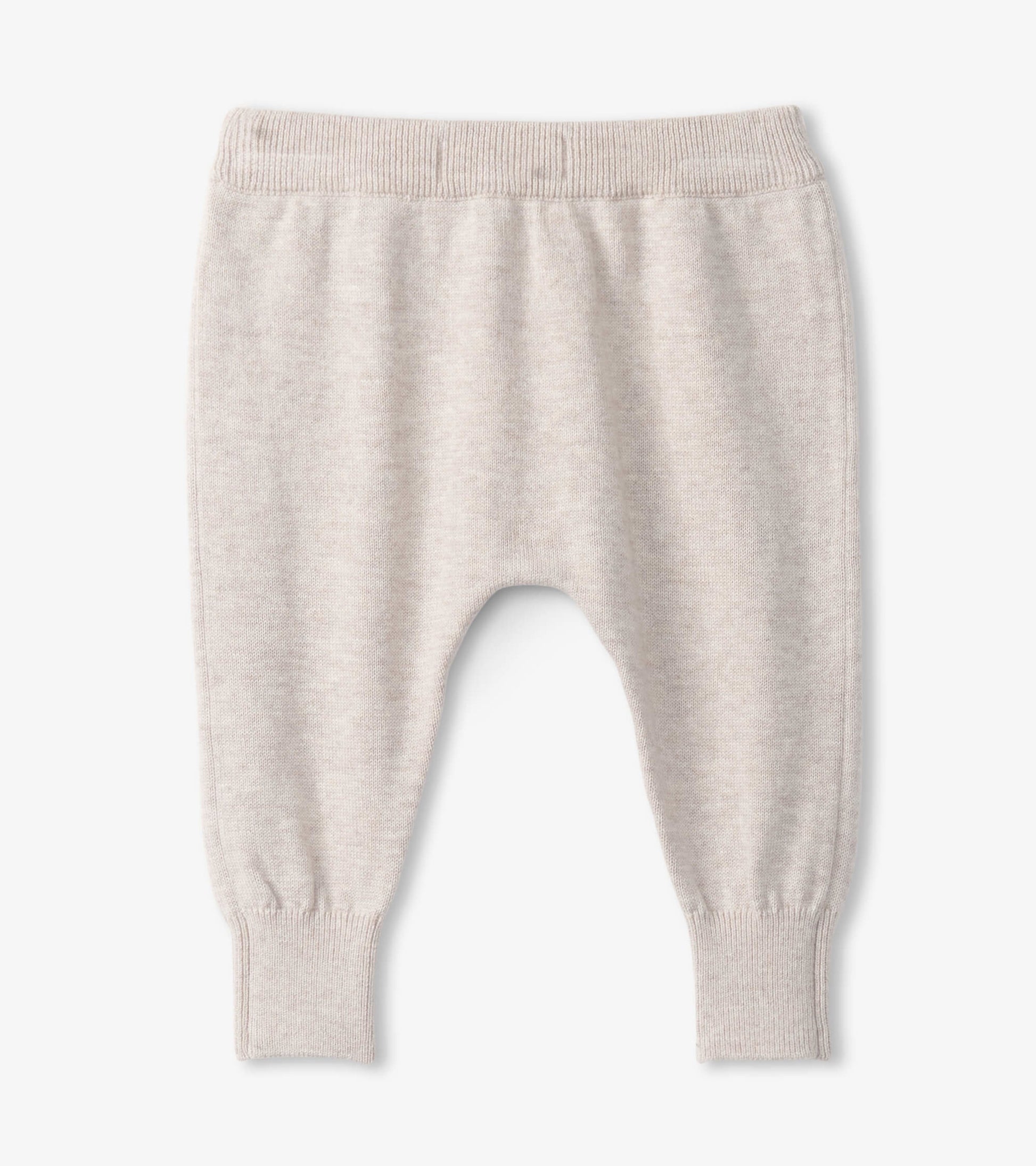Light beige pull-on sweater pants for babies, featuring a soft knit material and ribbed cuffs. Suitable for ages 0-9 months.