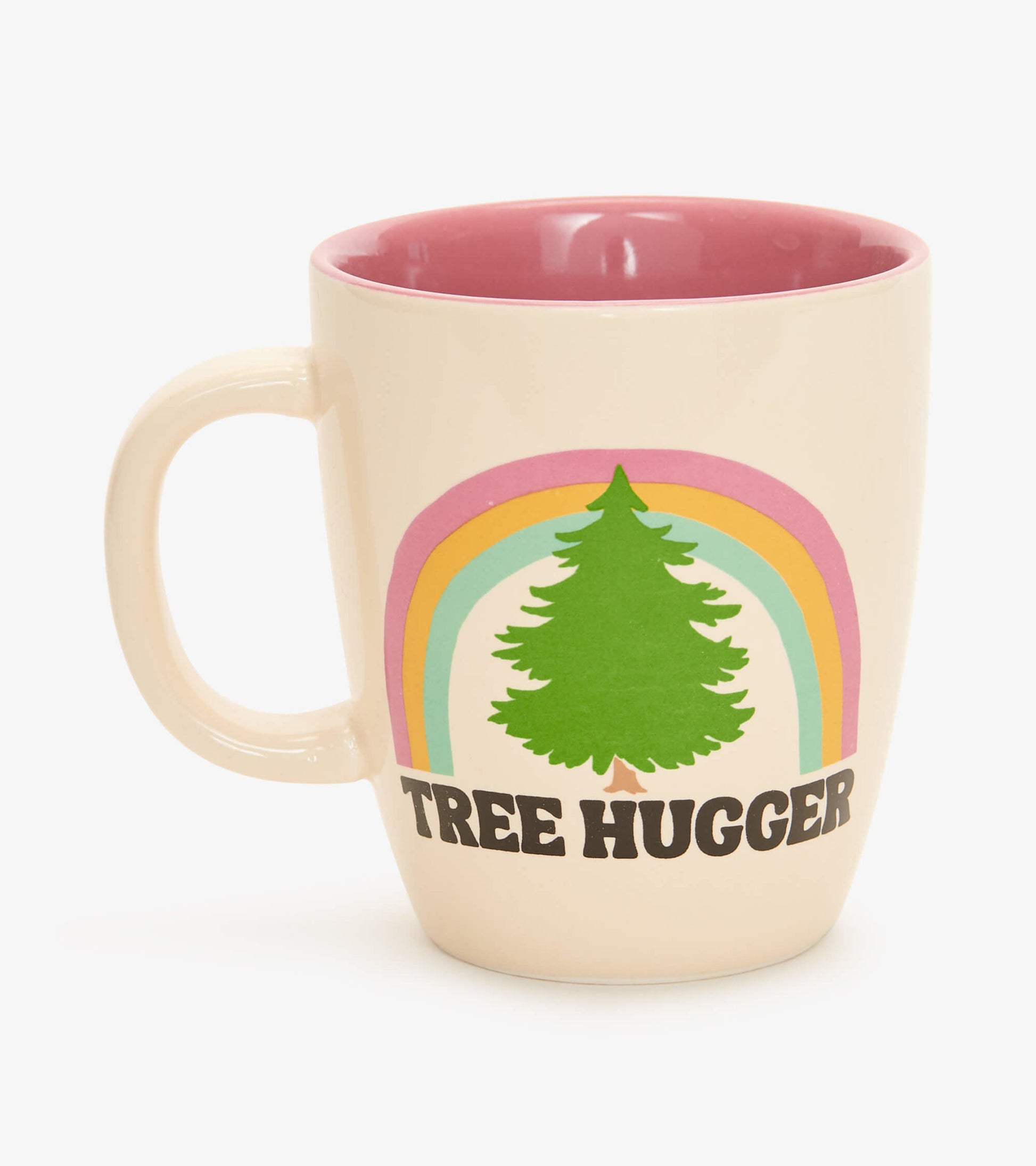 Cream ceramic mug with a pink interior, featuring a tree graphic and "TREE HUGGER" text beneath a rainbow design.