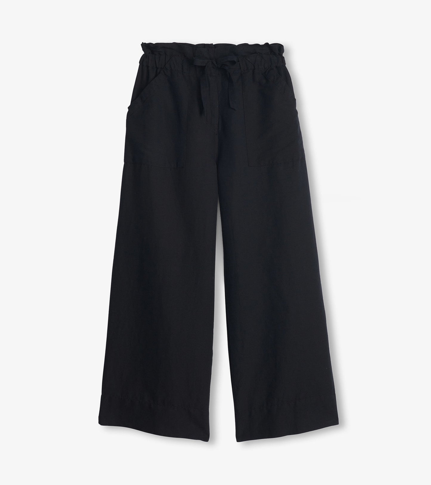 Black linen tie front pants with a relaxed fit and side pockets.