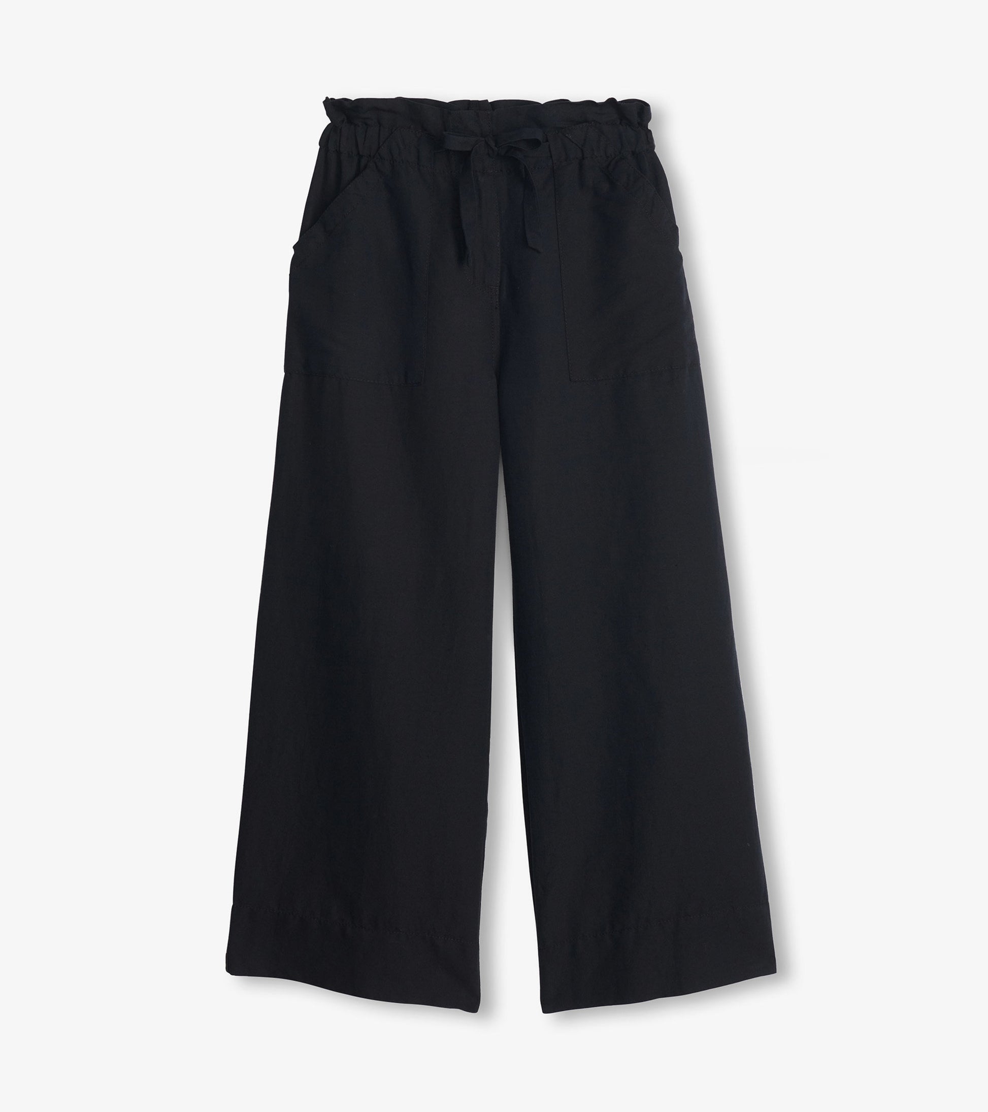 Black linen tie front pants with a relaxed fit and side pockets.