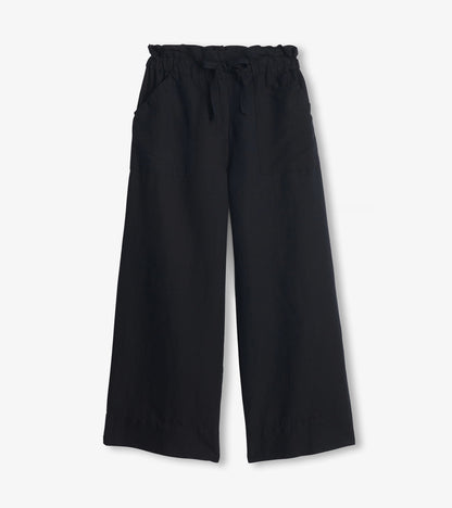Black linen tie front pants with a relaxed fit and side pockets.