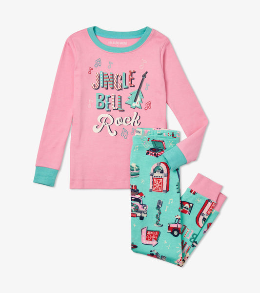 Pink long-sleeve pajama top with "Jingle Bell Rock" text, paired with turquoise pants featuring festive patterns.