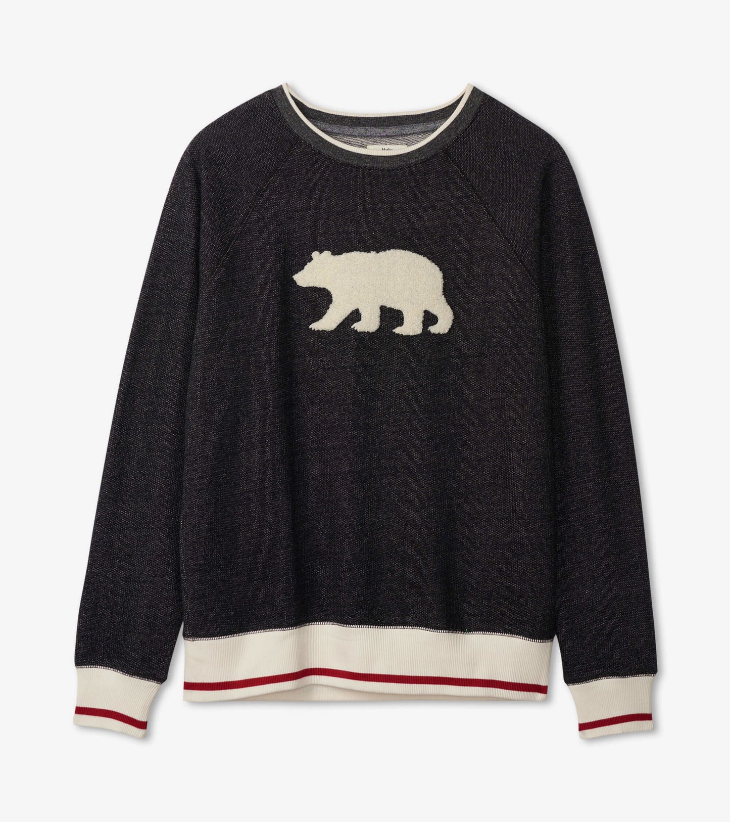 Dark charcoal pullover featuring a white bear graphic and contrasting red and white striped hem and cuffs.