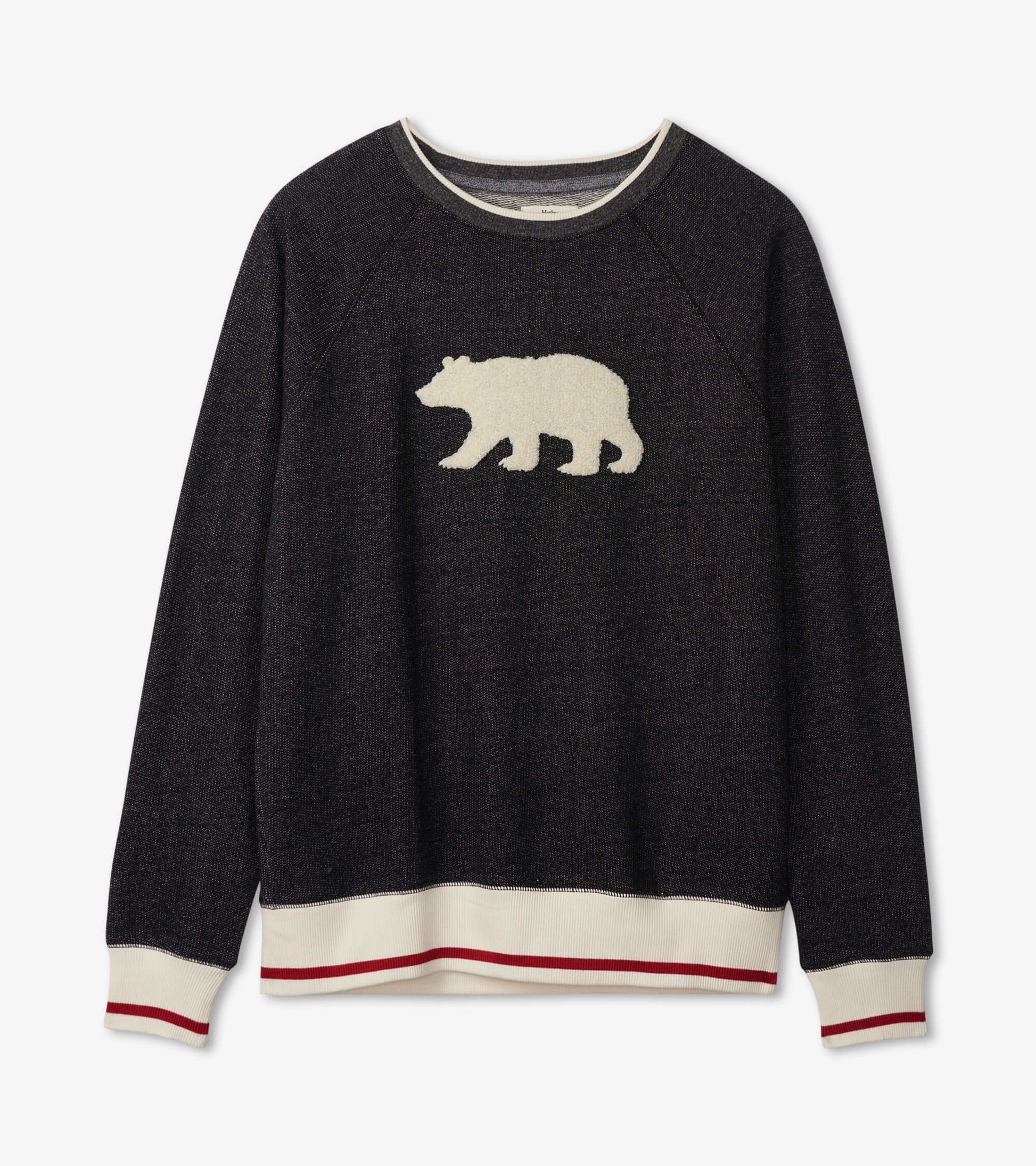 Dark charcoal pullover featuring a white bear graphic and contrasting red and white striped hem and cuffs.