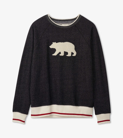 Dark charcoal pullover featuring a white bear graphic and contrasting red and white striped hem and cuffs.