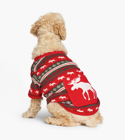 Red Fair Isle dog pajama featuring moose and snowflake patterns, with a white moose design on the back.