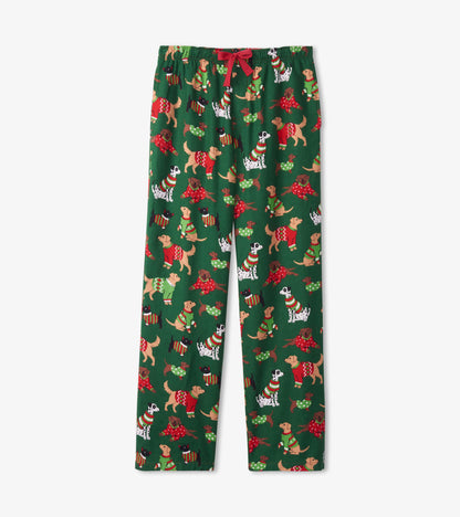Green flannel pajama pants featuring a playful dog pattern in festive sweaters and accessories, with a red drawstring.