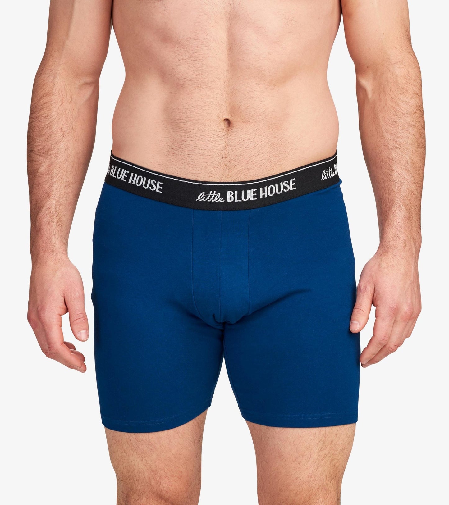 Navy blue men's boxer briefs with a black waistband, featuring a snug fit and soft material.