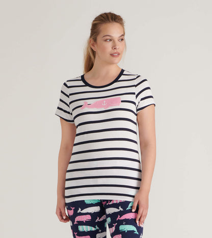 Striped women's pajama tee featuring a pink whale graphic, short sleeves, and a relaxed fit.