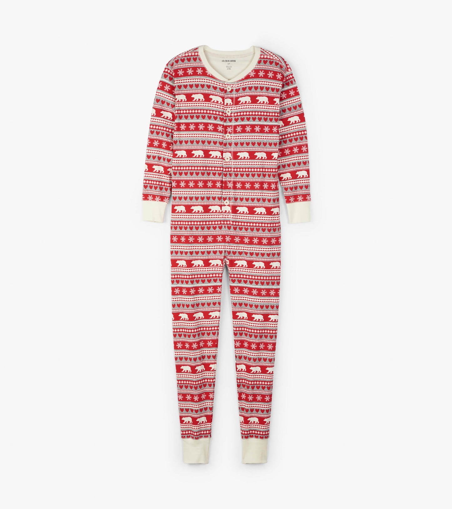 Red Fair Isle patterned adult onesie featuring white bears and snowflakes, with a crew neck and long sleeves.