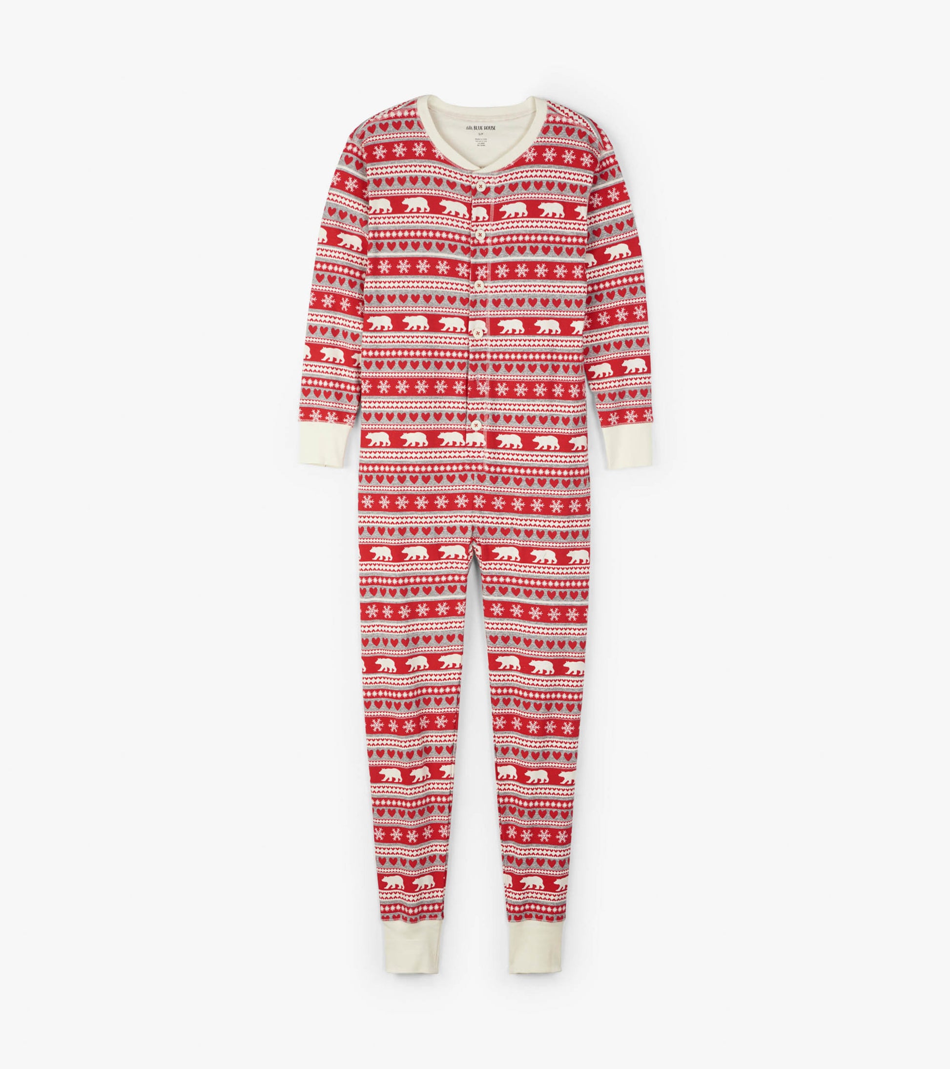 Red Fair Isle patterned adult onesie featuring white bears and snowflakes, with a crew neck and long sleeves.